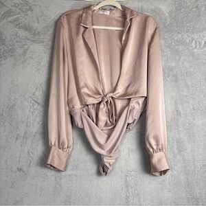 Babaton Ace Bodysuit Pink Satin Long Sleeve Tie Front Top Womens Large Party